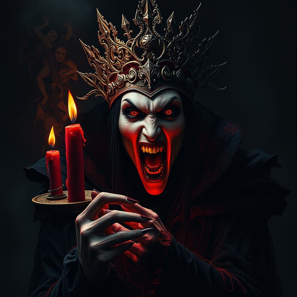 Gothic Vampire Queen Screams in Rage with Flickering Candle