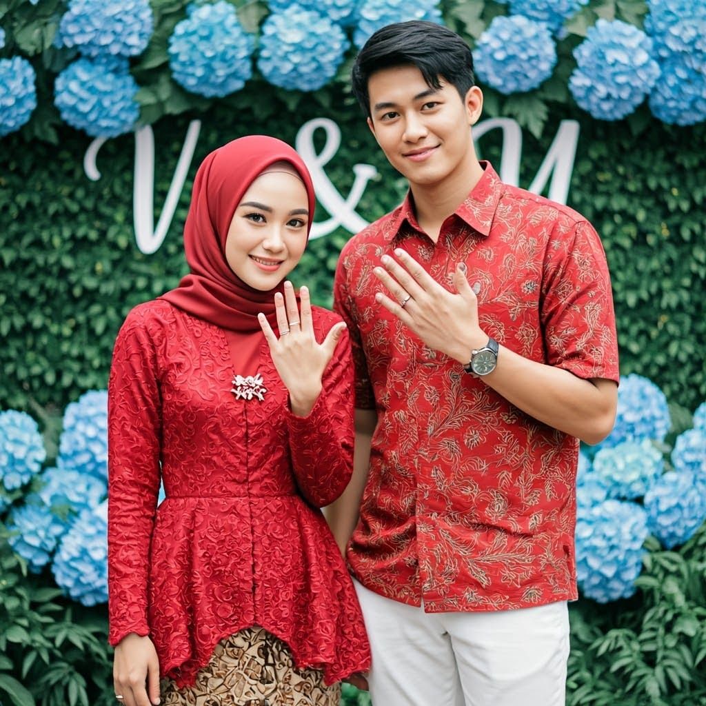 Korean Couple in Red Batik and Kebaya, Cinematic Style