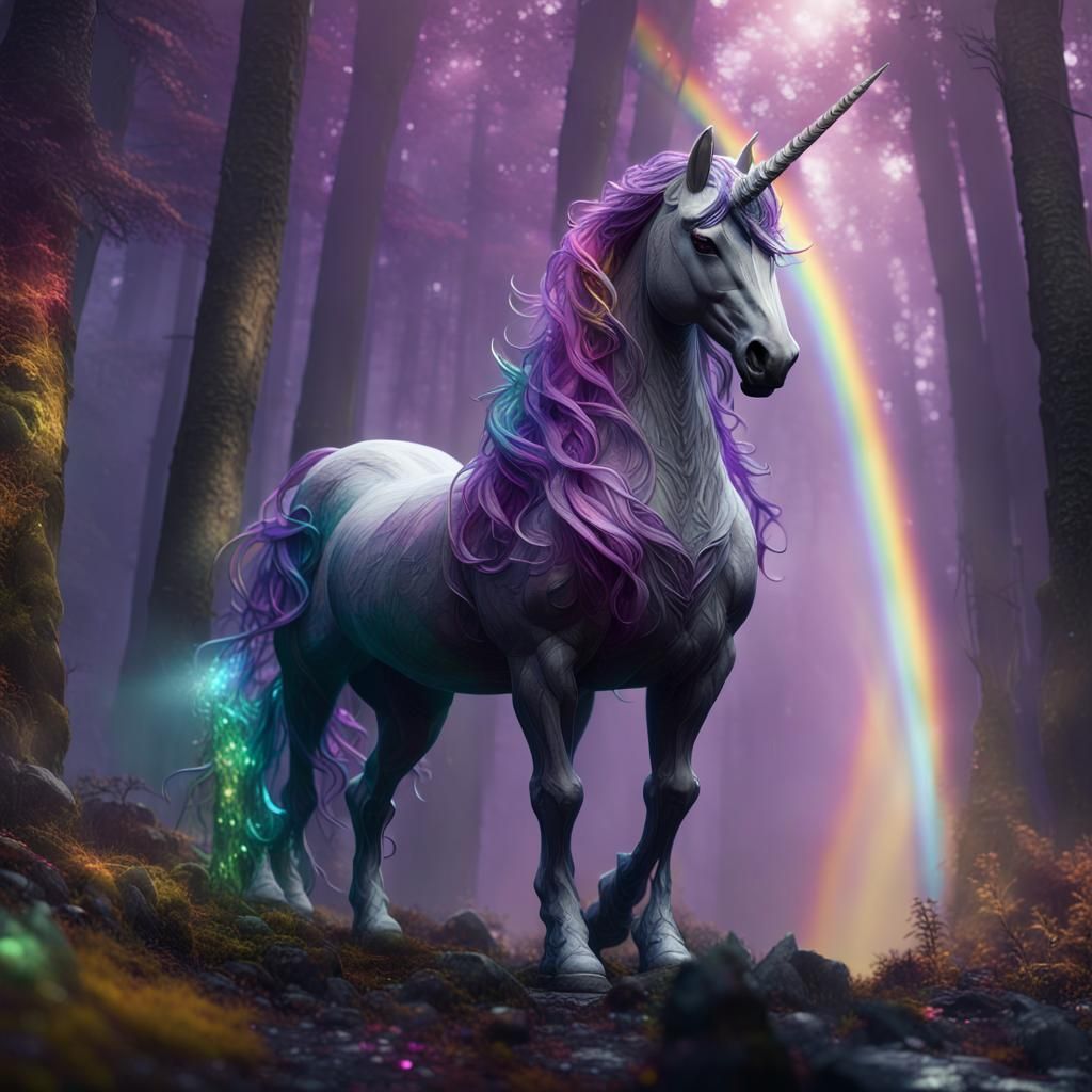 Rainbow Crystal Unicorn in Dark Fantasy Forest
