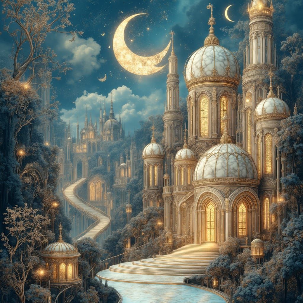 Mother-of-Pearl Shell Buildings in Dreamlike Landscape