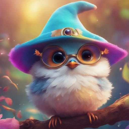 Fluffy Bird with Wizard Hat and Glasses