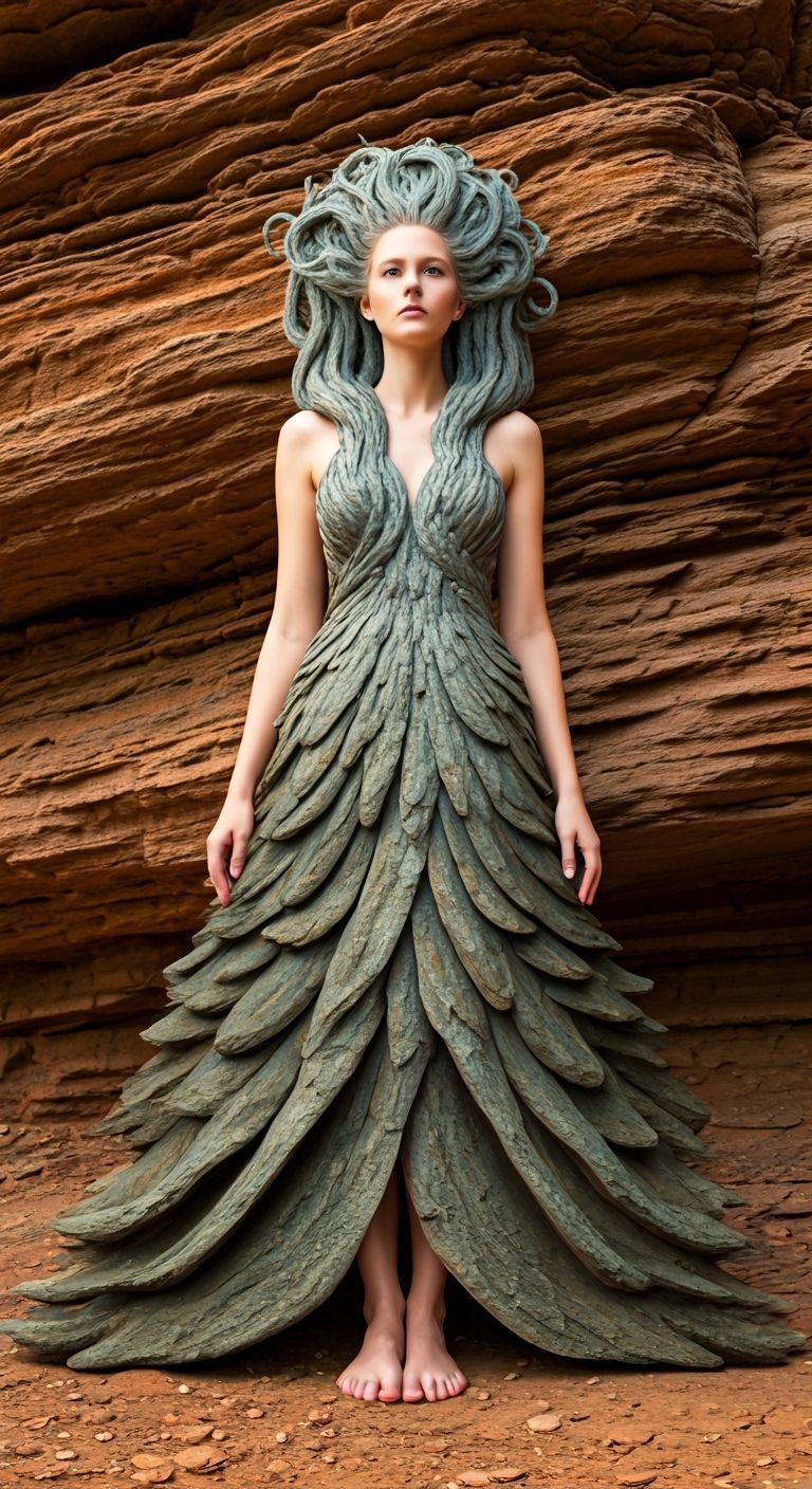 Woman in Flowing Stone Dress on Cliff