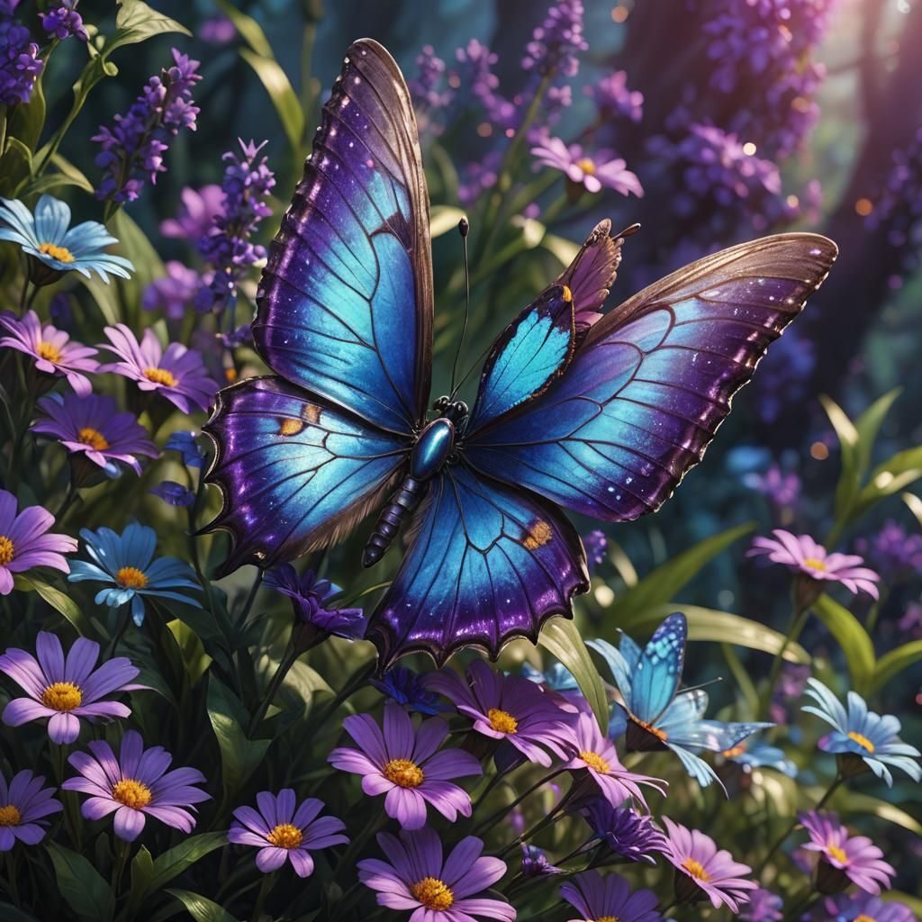 Blue Butterfly on Purple Flower, Fantasy Art