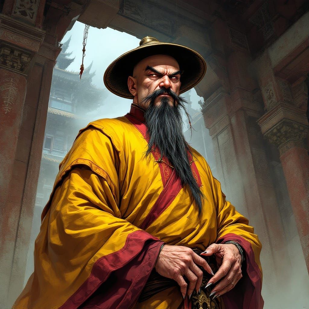 Sinister Bald Man in Ancient Temple, Comic Book Art