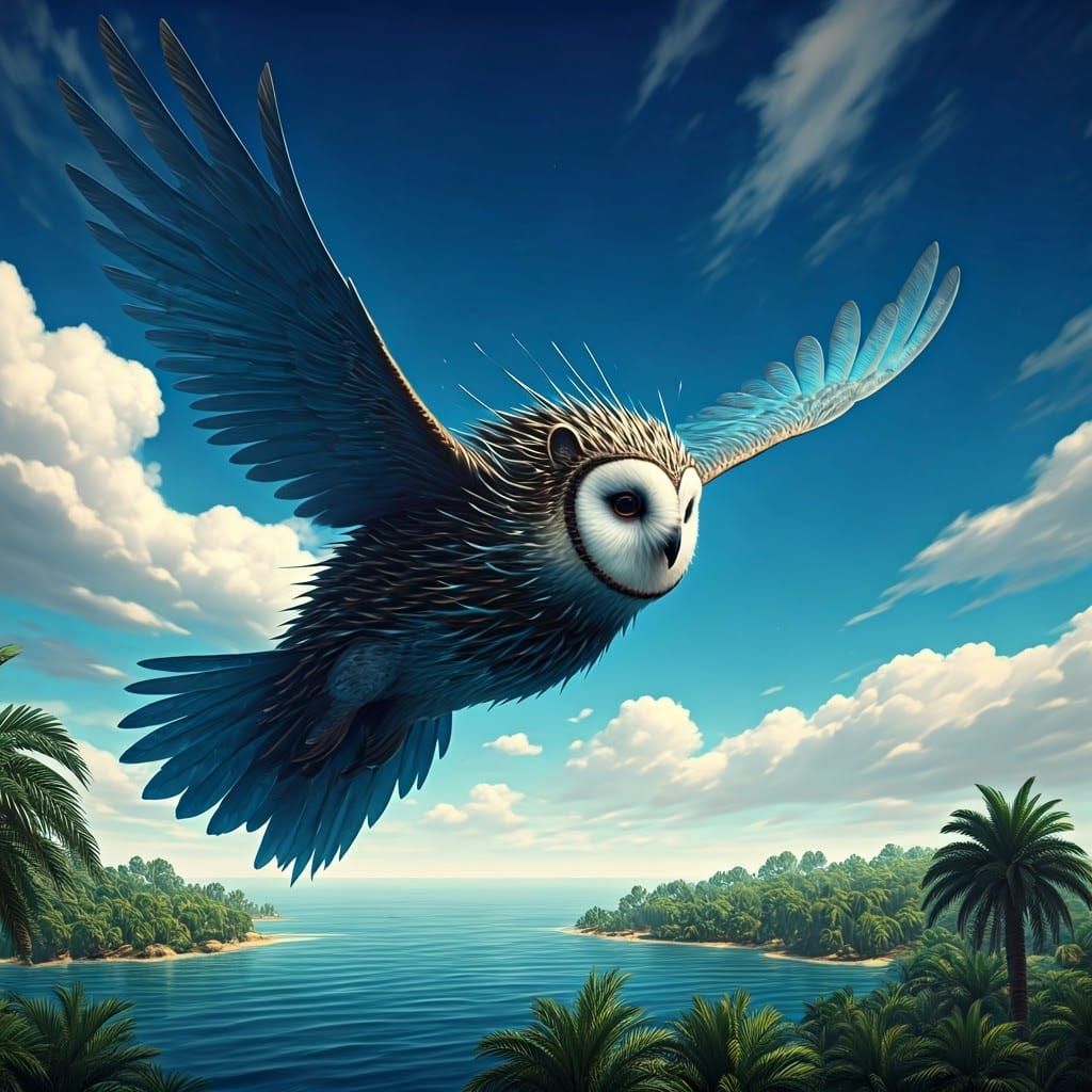 Majestic Blue Owl-Porcupine Hybrid Soars Above Serene Oasis