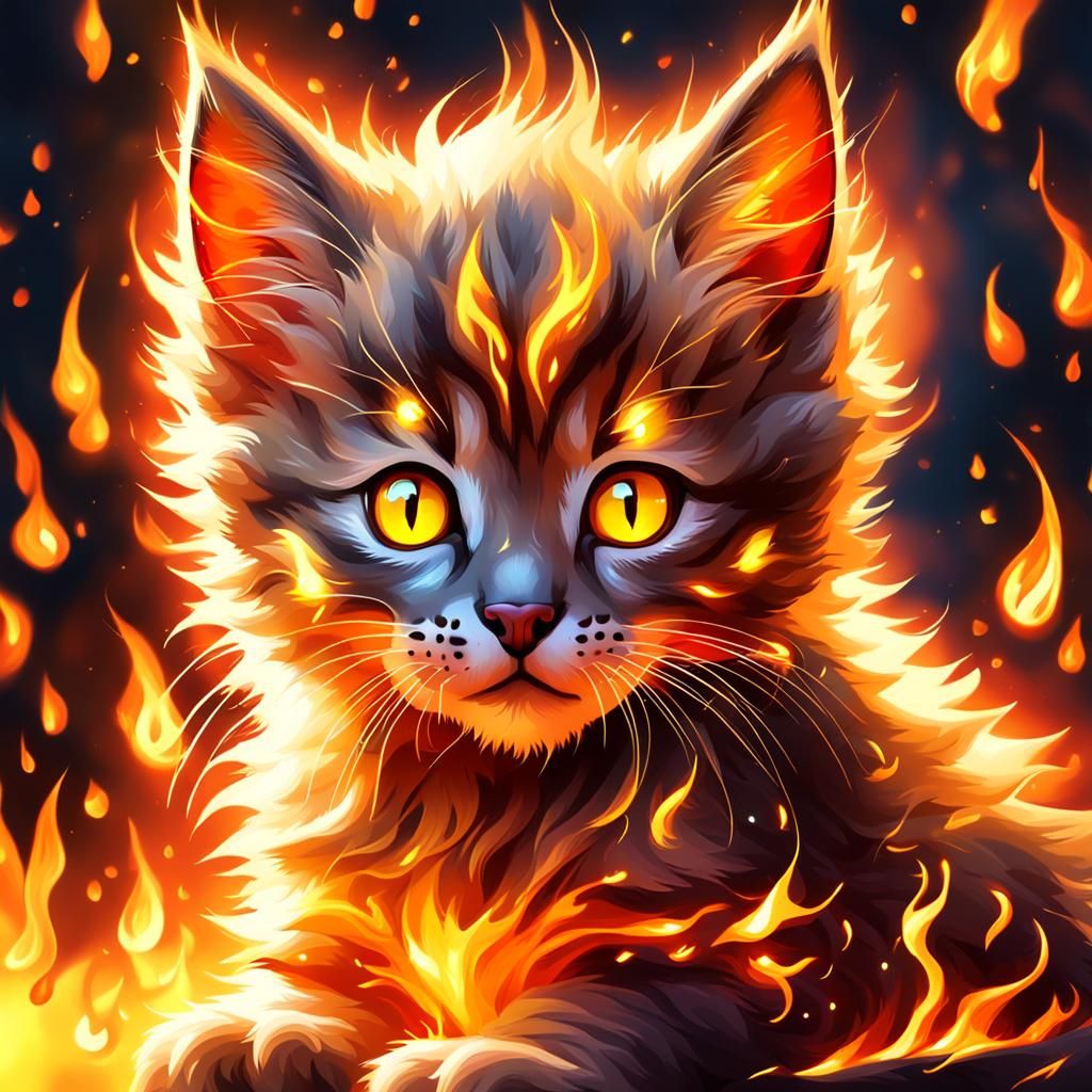 Flaming Kitten with Glowing Eyes: Digital Painting
