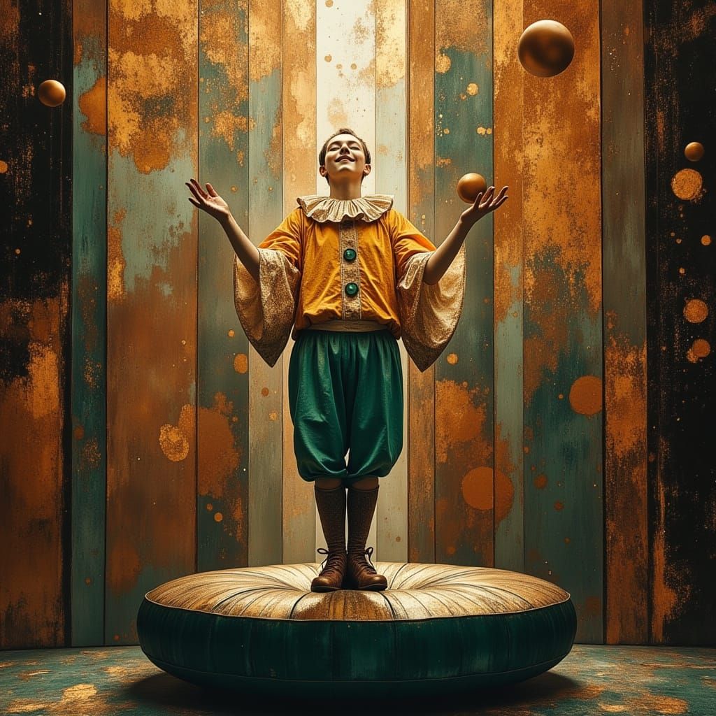 Gleeful Clown Juggling on Hovering Cushion