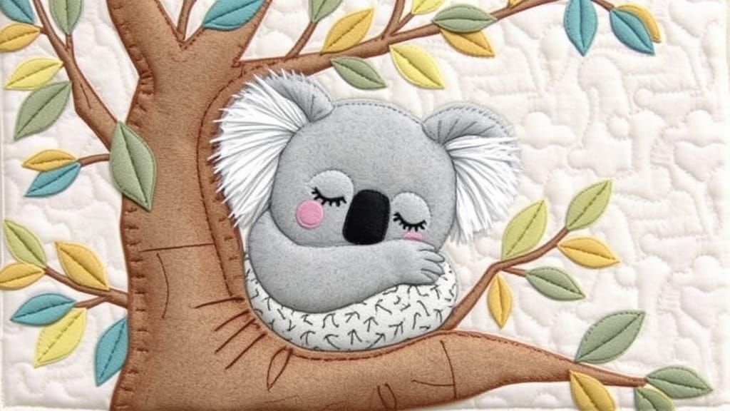 Quilted Koala in Eucalyptus Tree Fabric Art