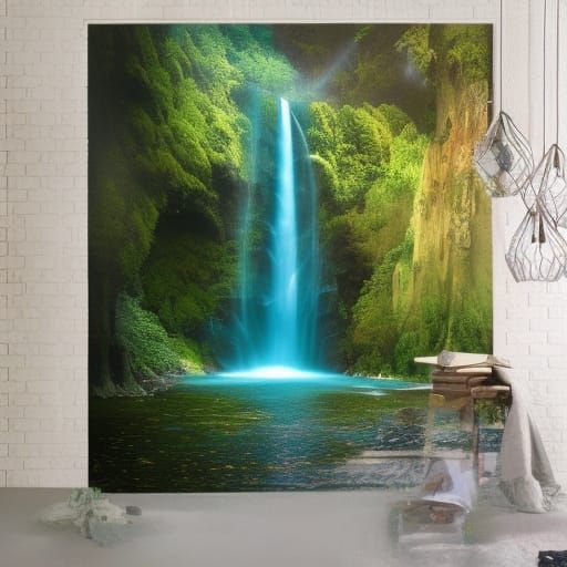 Turquoise Waterfall in Emerald Alcove: Digital Matte Paintin...