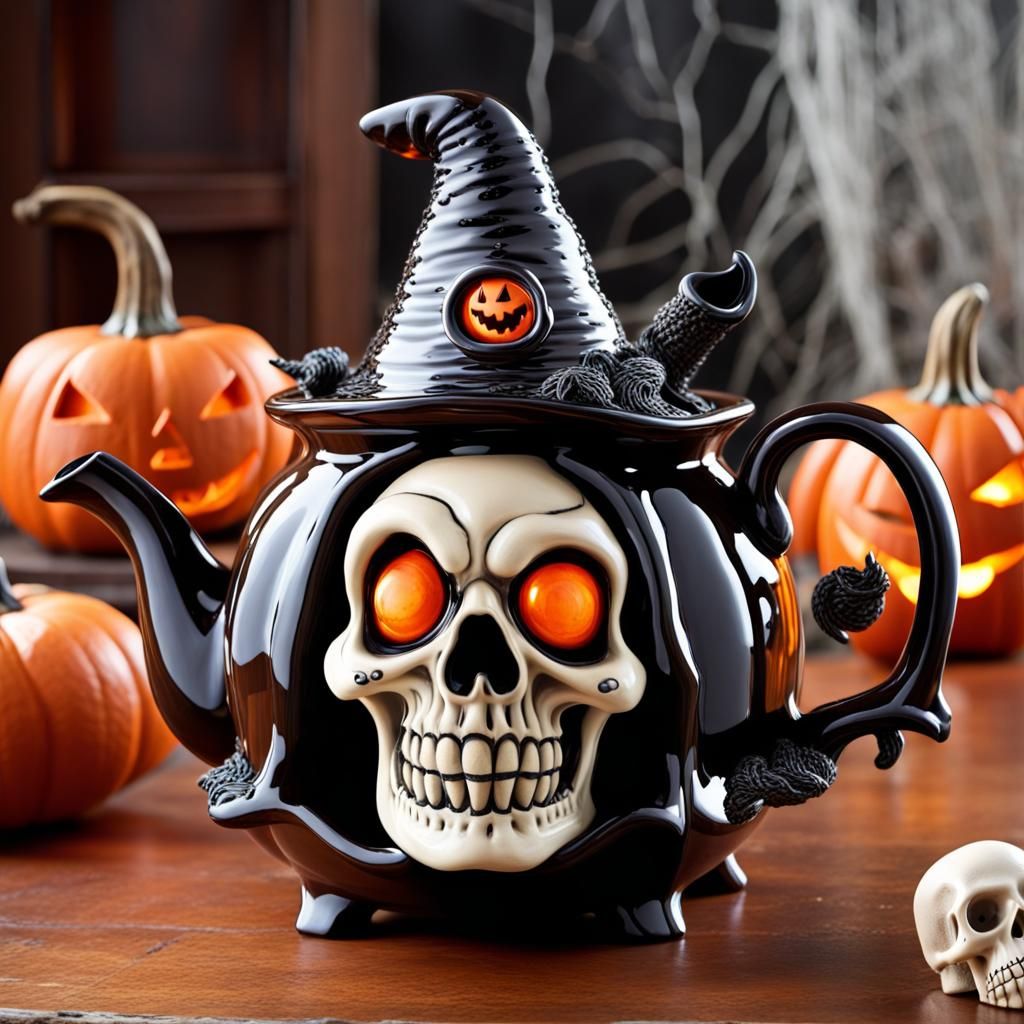 Creepy Halloween Teapots: Haunted House, Witch Hat, Skull