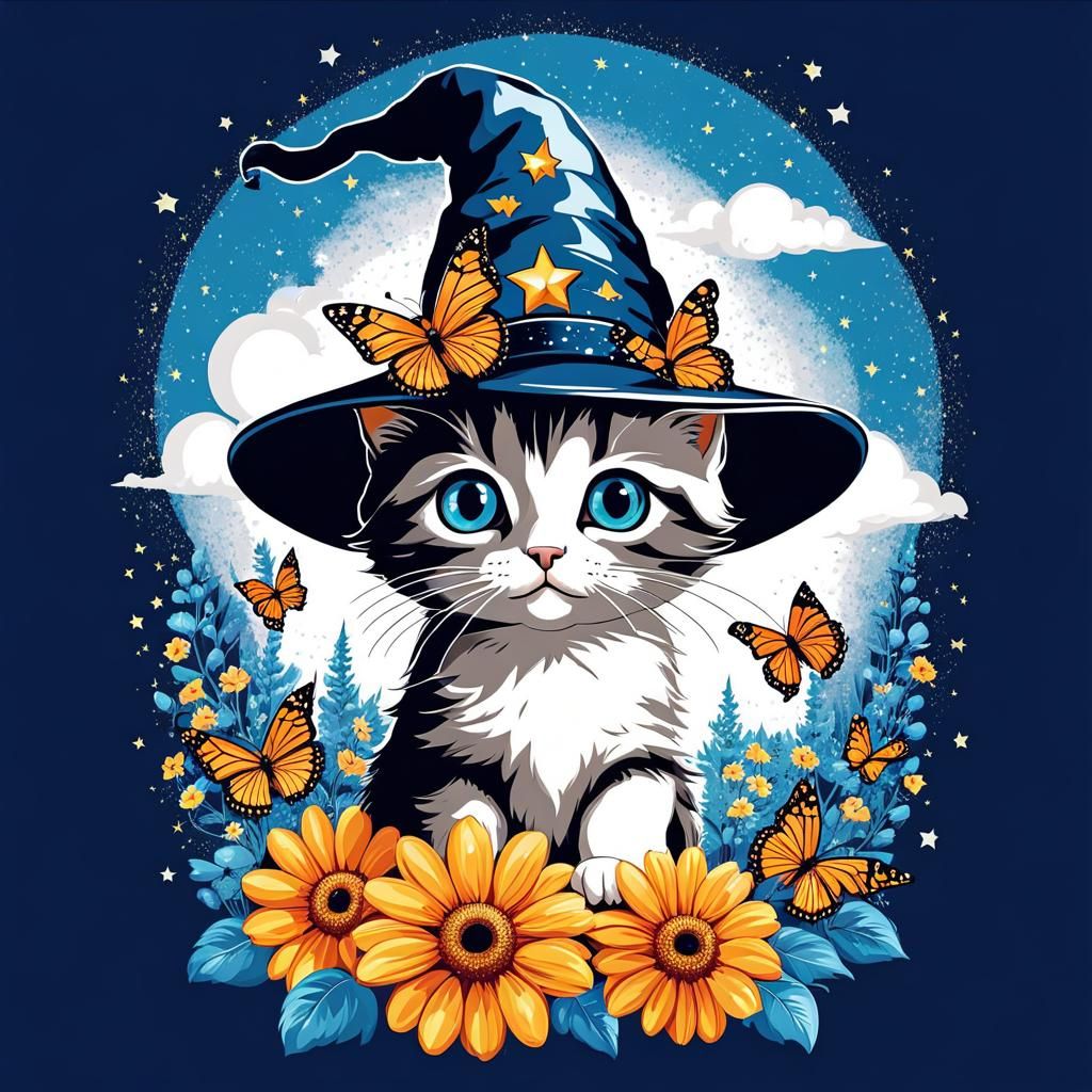 Cute Cartoon Kitten Wizard Vector Graphic