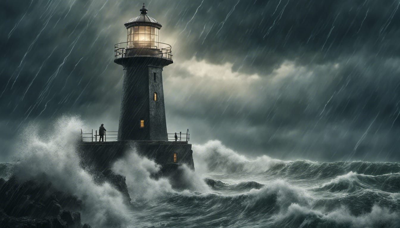 Detailed Lighthouse Keeper Observes Stormy Sea