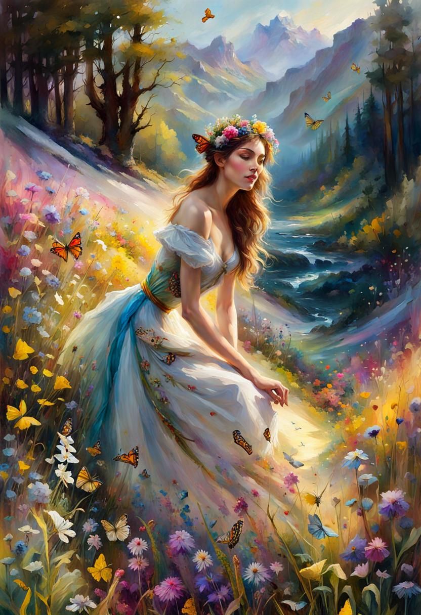 Fantasy Flower Meadow with River and Butterflies