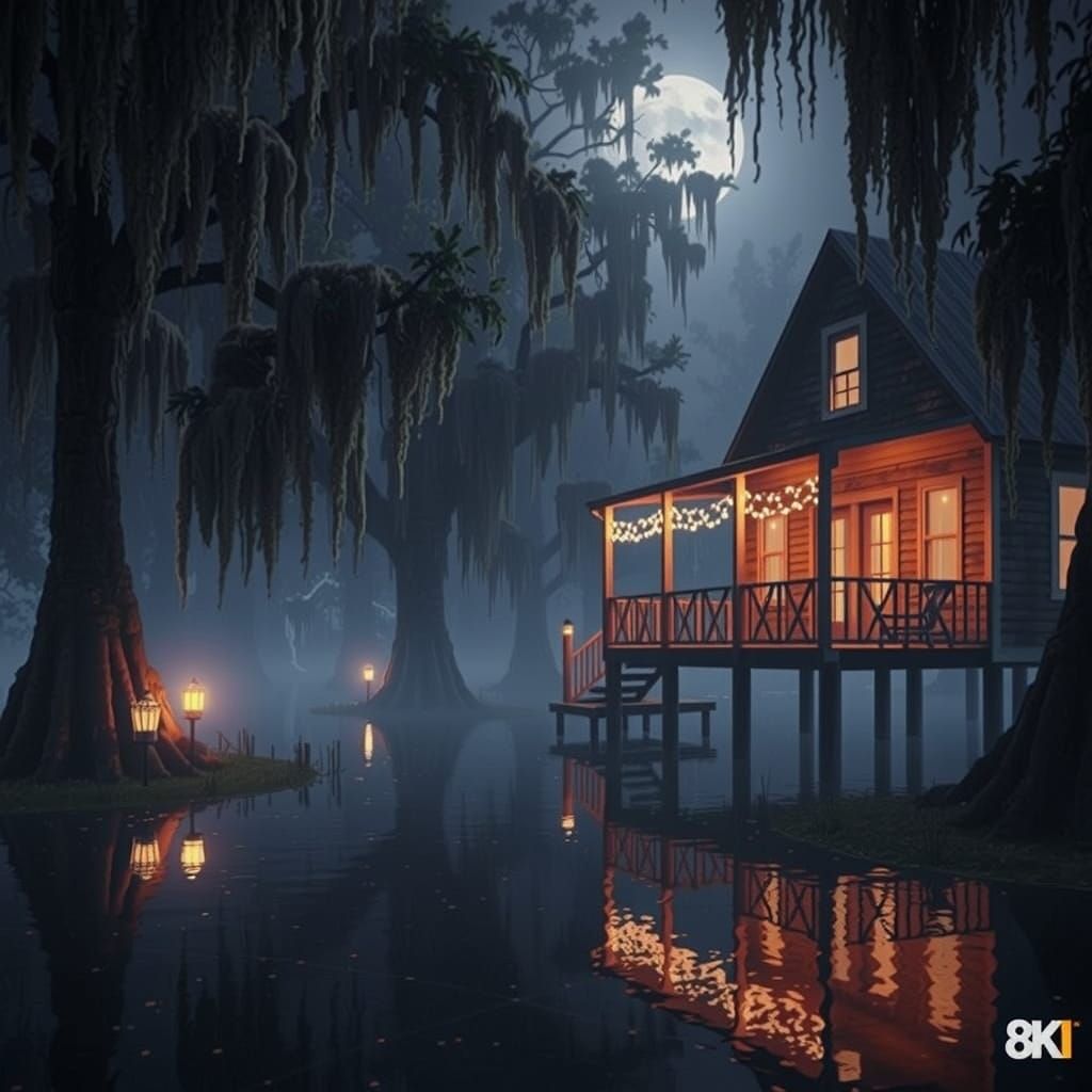 Mystical Bayou at Night with Glowing House