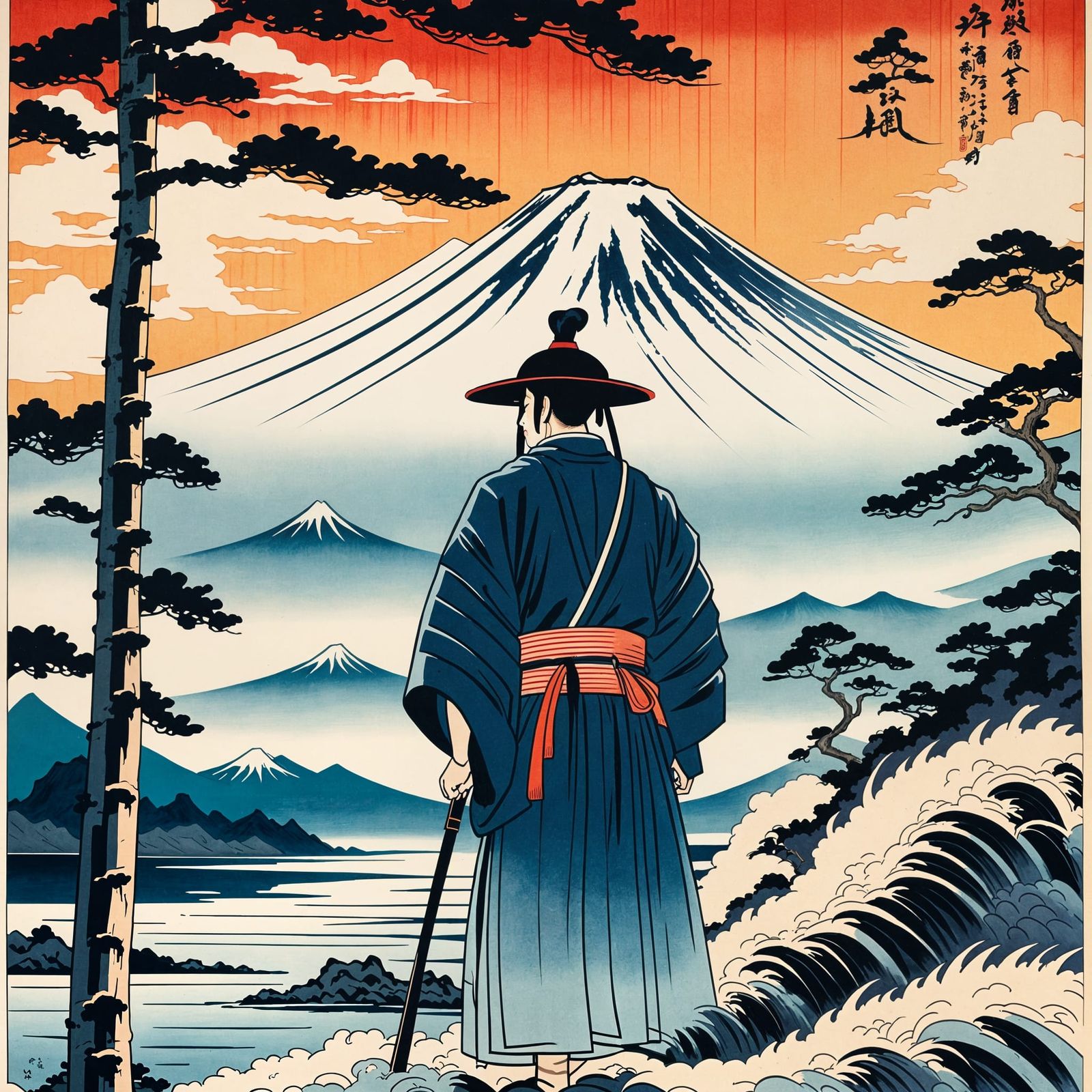 Tranquil Ukiyo-e Landscape with Mount Fuji