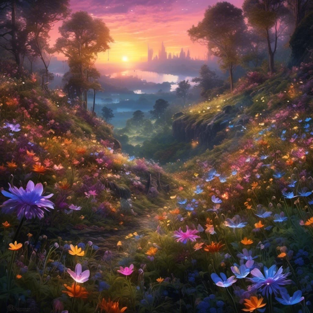 Fantasy Country Landscape with Wildflowers and Fireflies