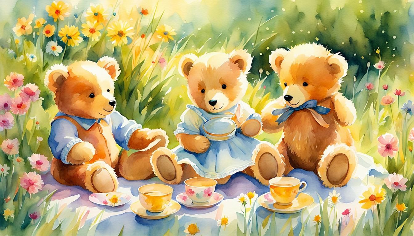 Children's Tea Party with Teddy Bears in Watercolor