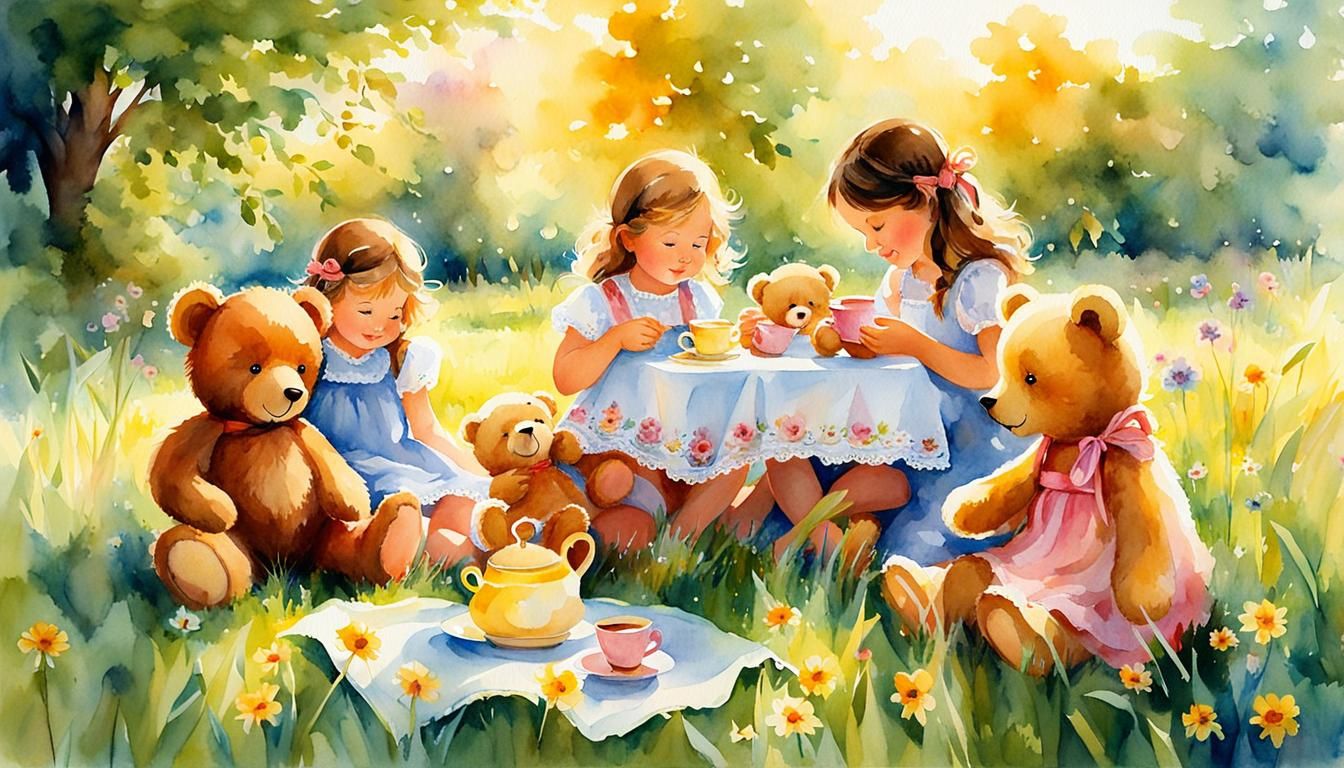 Children's Tea Party with Teddy Bears in Watercolor