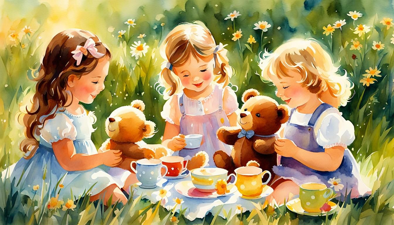 Children's Tea Party with Teddy Bears: Watercolor Art