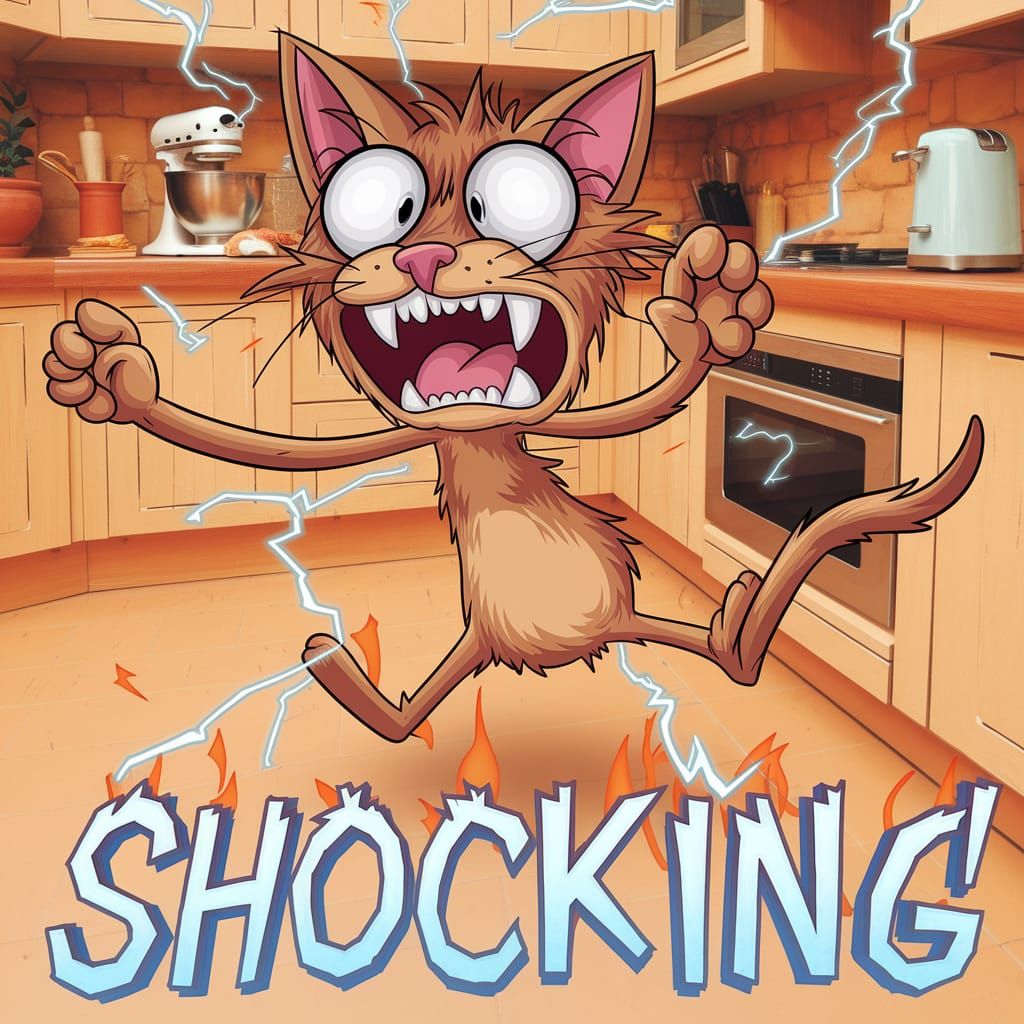 Shocked Cartoon Cat in Electric Kitchen Chaos
