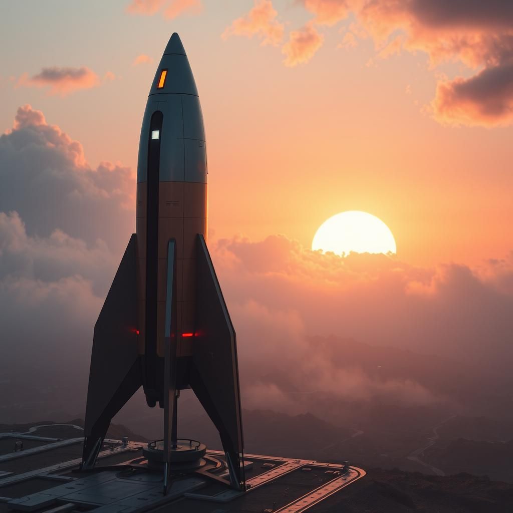 Futuristic Rocket Launch at Sunrise in Concept Art Style