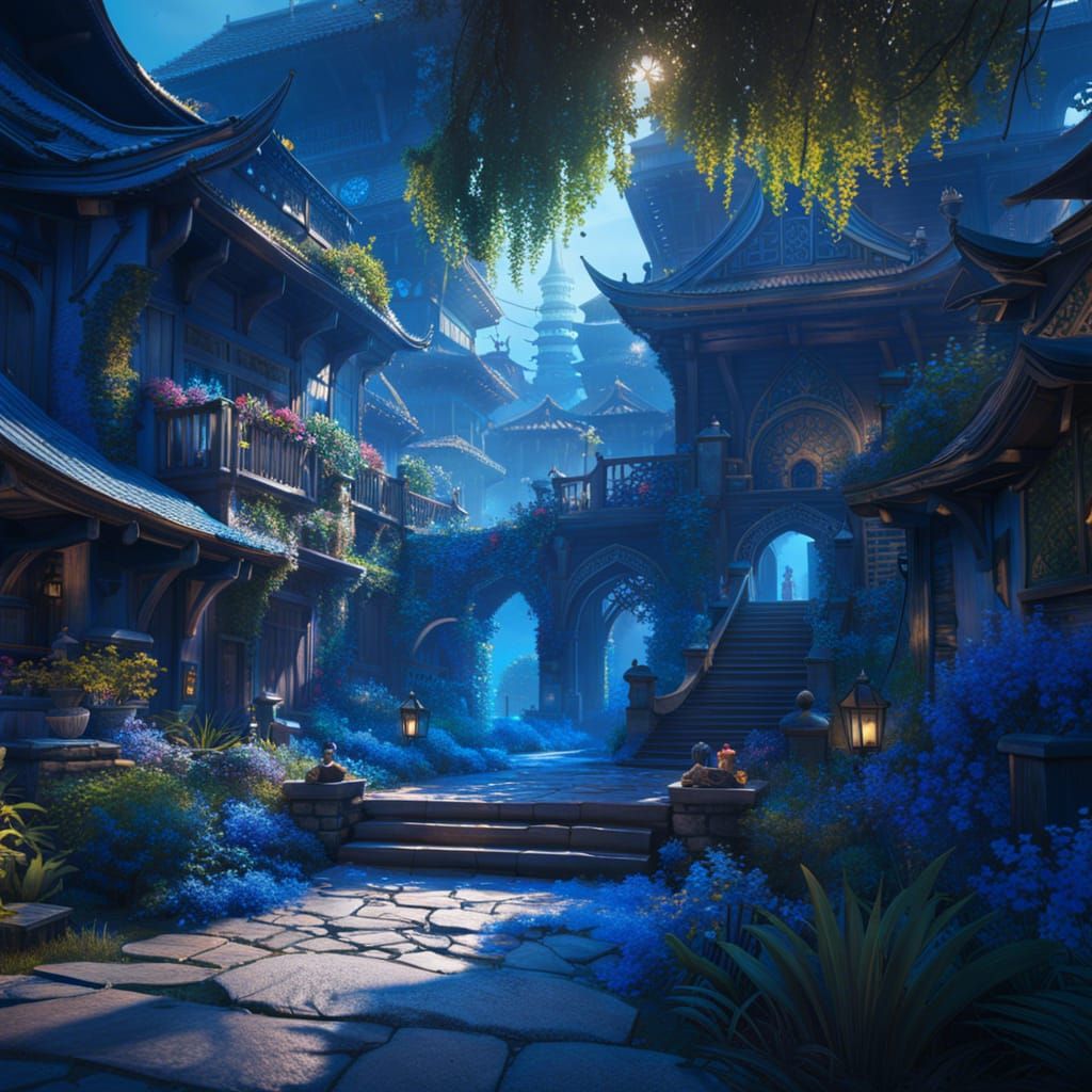Futuristic Blue Village Concept Art