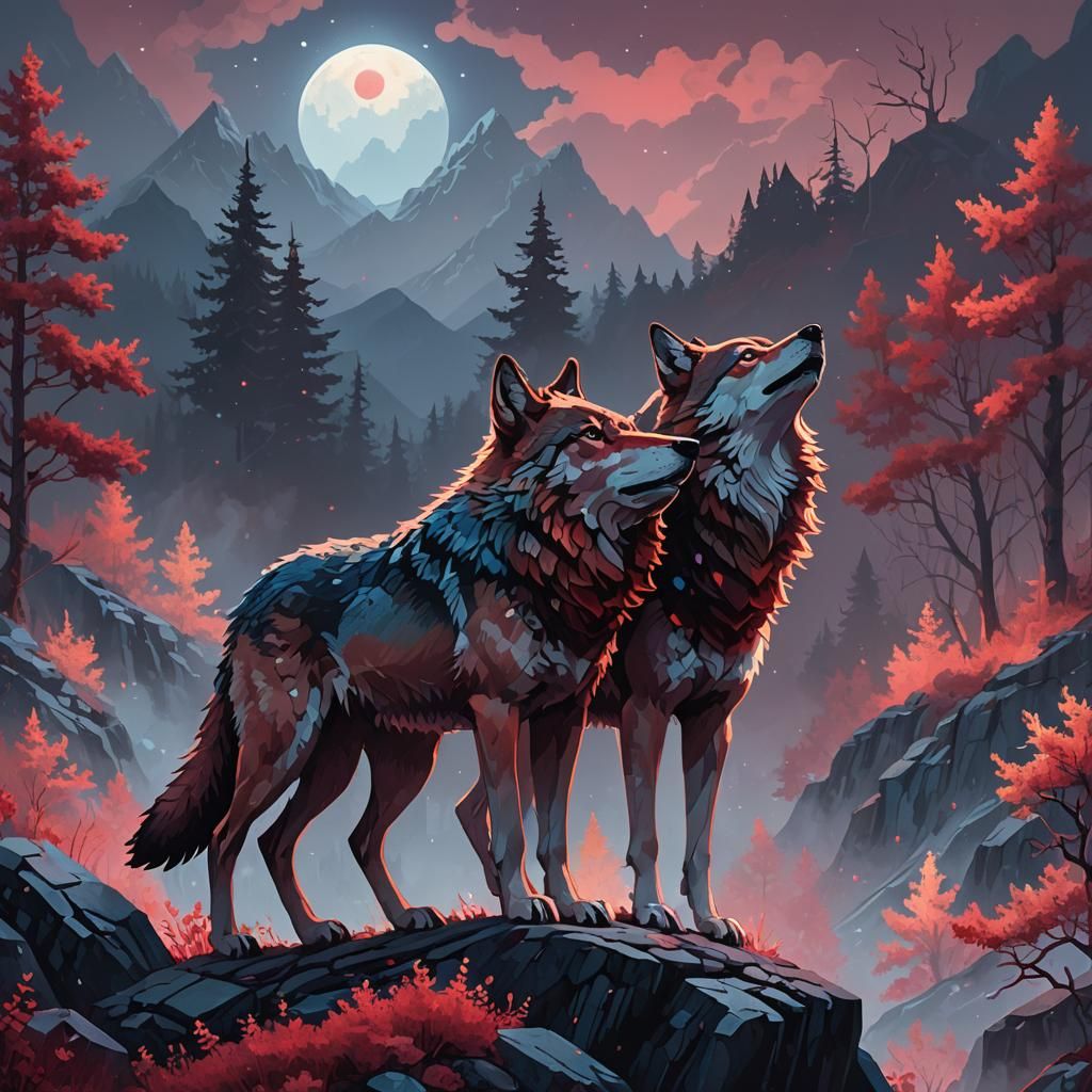 Wolves in Garnet Crystal Pixel Art Landscape