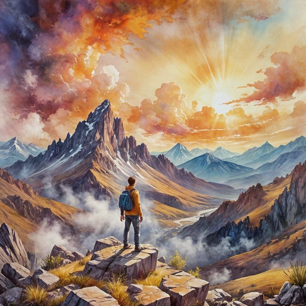 Vibrant Landscape Painting with Watercolor Brush Strokes