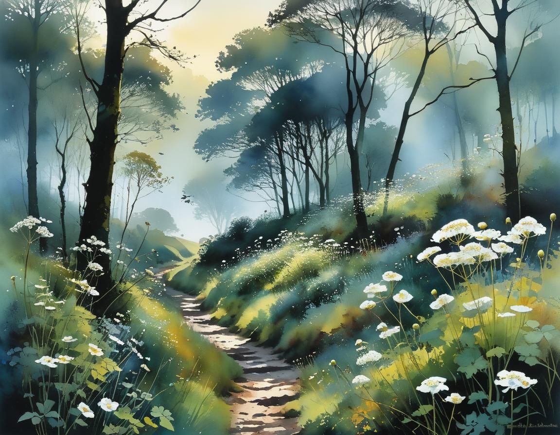 Detailed Watercolor of Umbellifers in Field