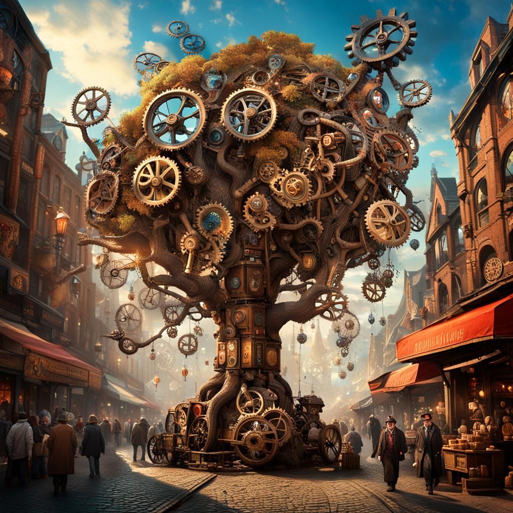 Steampunk Clockwork Tree in Alien City, Detailed Painting