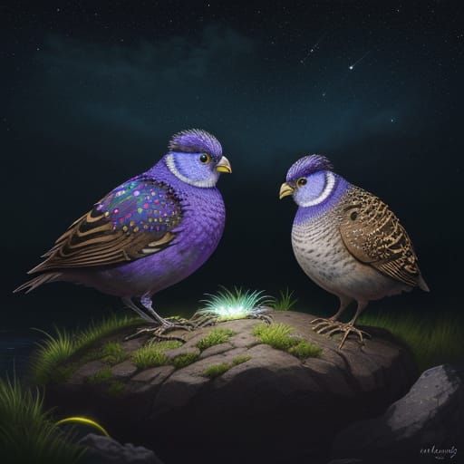 Japanese Quails Nuzzling Under Moonlight, Digital Art