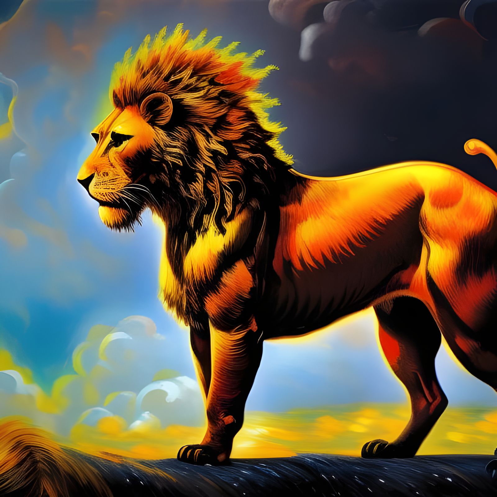 Cyberpunk Fire Lion Charcoal Ink Drawing