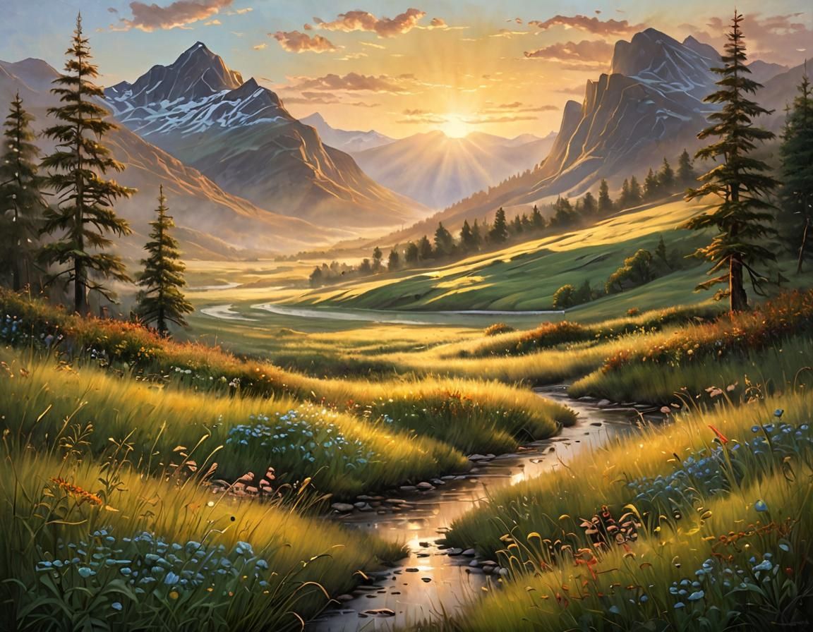 Mountain Valley Dawn: Evocative Oil Painting