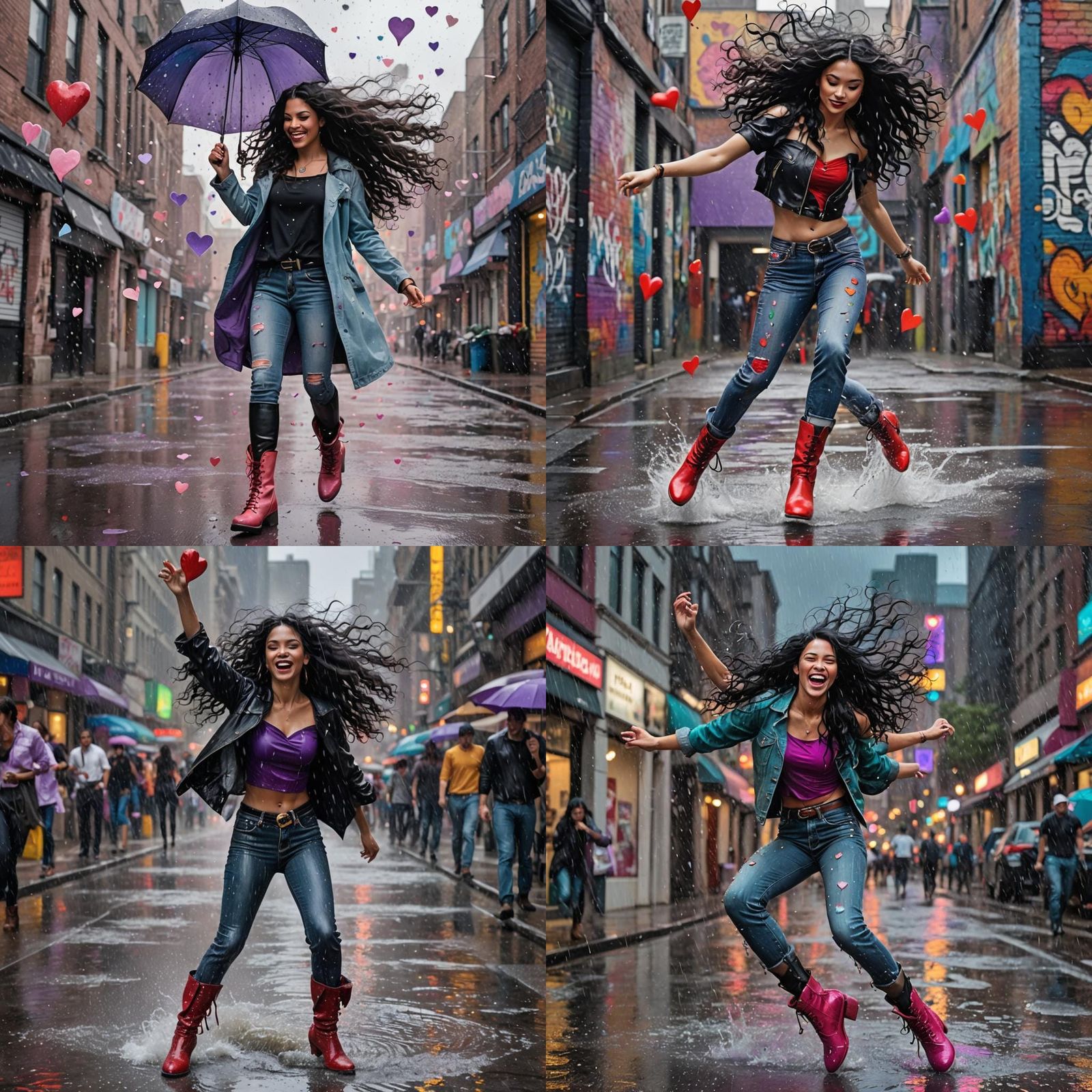 Joyful Woman Dancing in Rainy Street: Watercolor Art