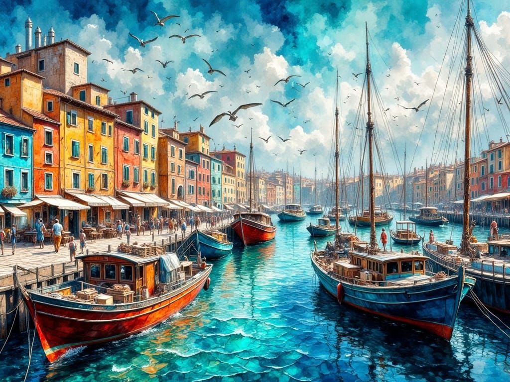 Sun-Drenched Coastal Harbor with Colorful Buildings