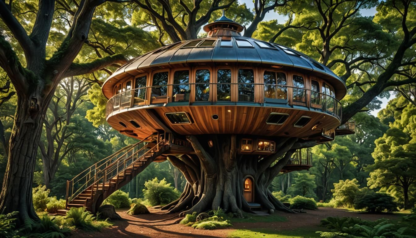 UFO Treehouse in Forest: Hyperrealistic HDR Image