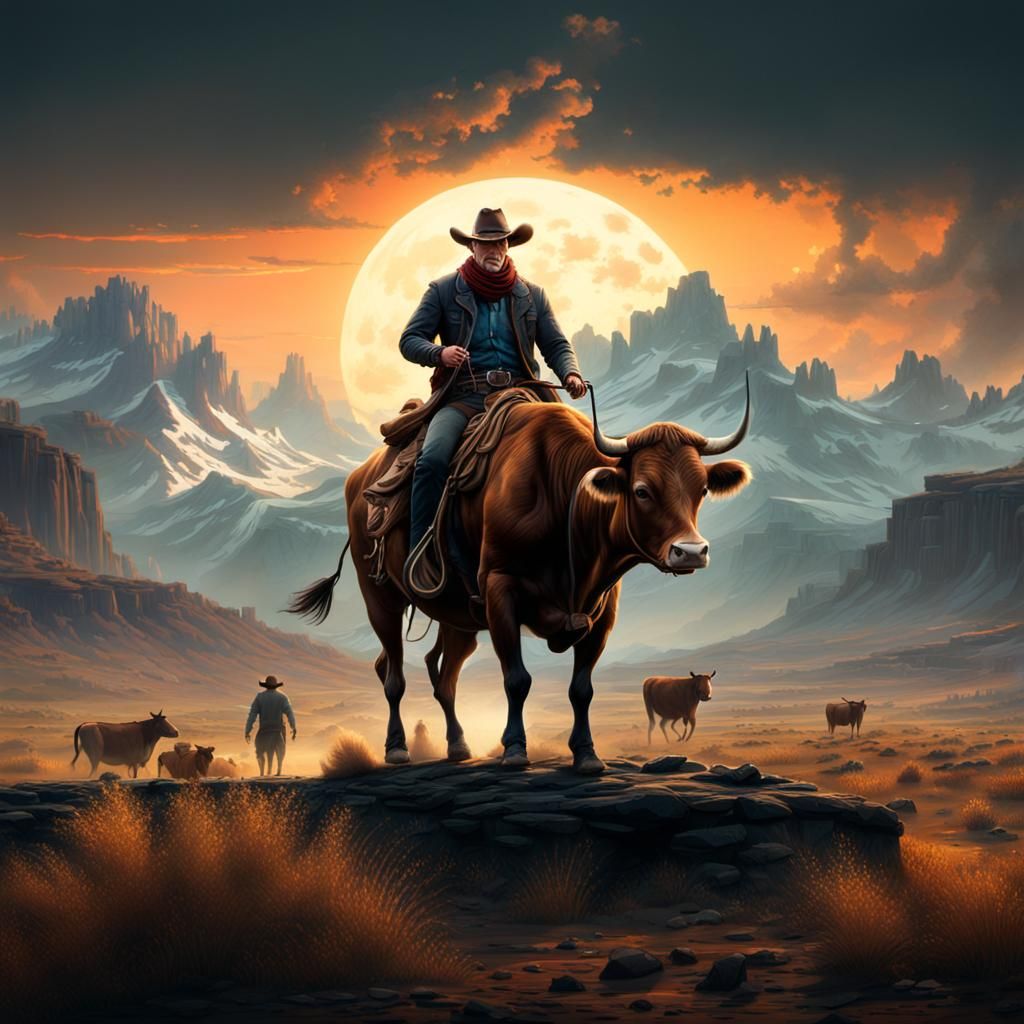 Cowboy Rides Cow in Epic Digital Painting