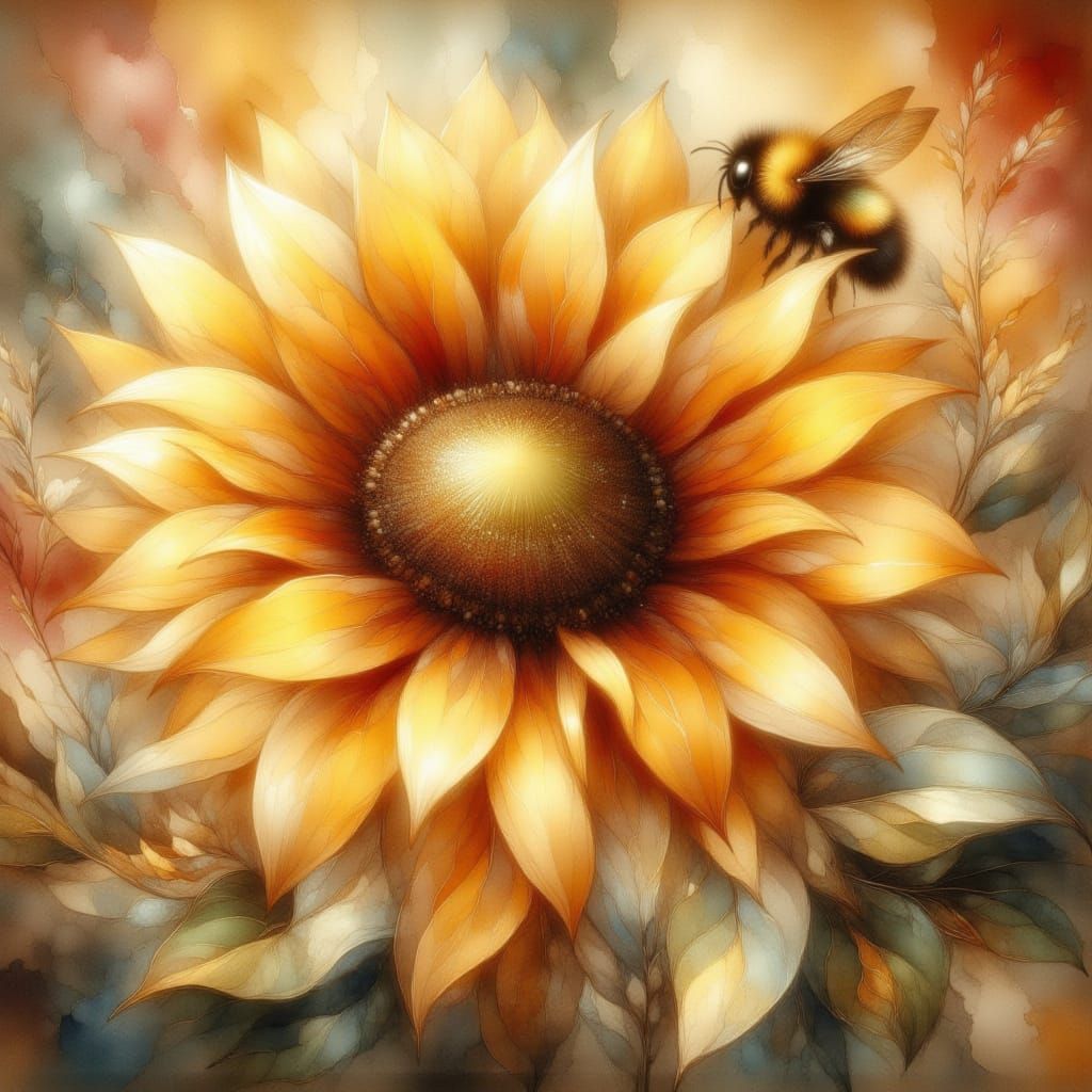 <lora:Abstract Romanticism:1.0> <lora:Ink Wash Paint:1.0> encaustic sunflower and bumblebee ethereal with golden highlig...