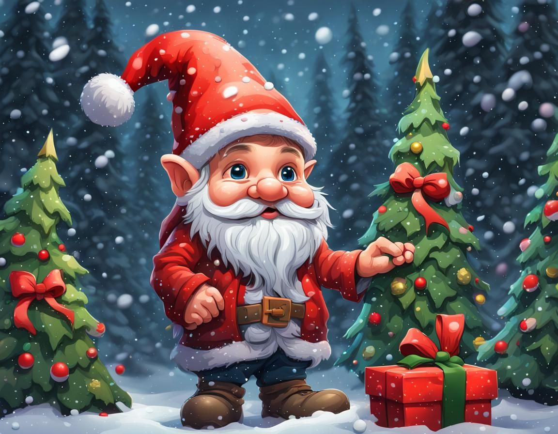 Festive Christmas Gnome Cartoon in Hyperrealistic Style