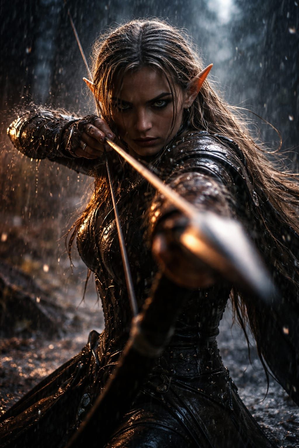 Elf Archer Fires Arrow in Stormy Forest - Dark Fantasy