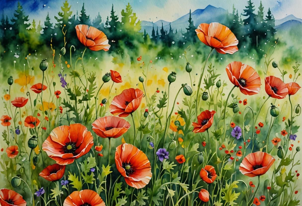 Watercolor Poppies and Delicate Floral Arrangement