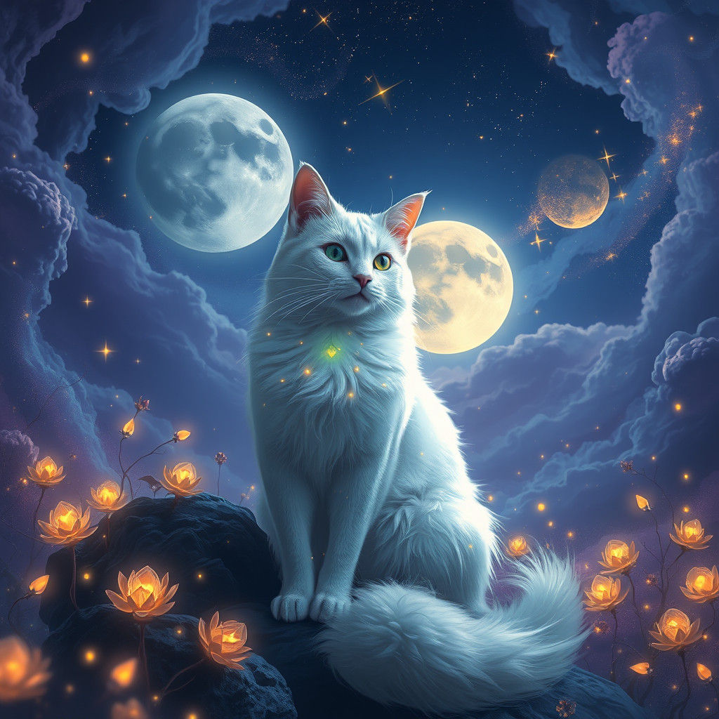 Ethereal Moon Cat in Dreamlike Celestial Landscape