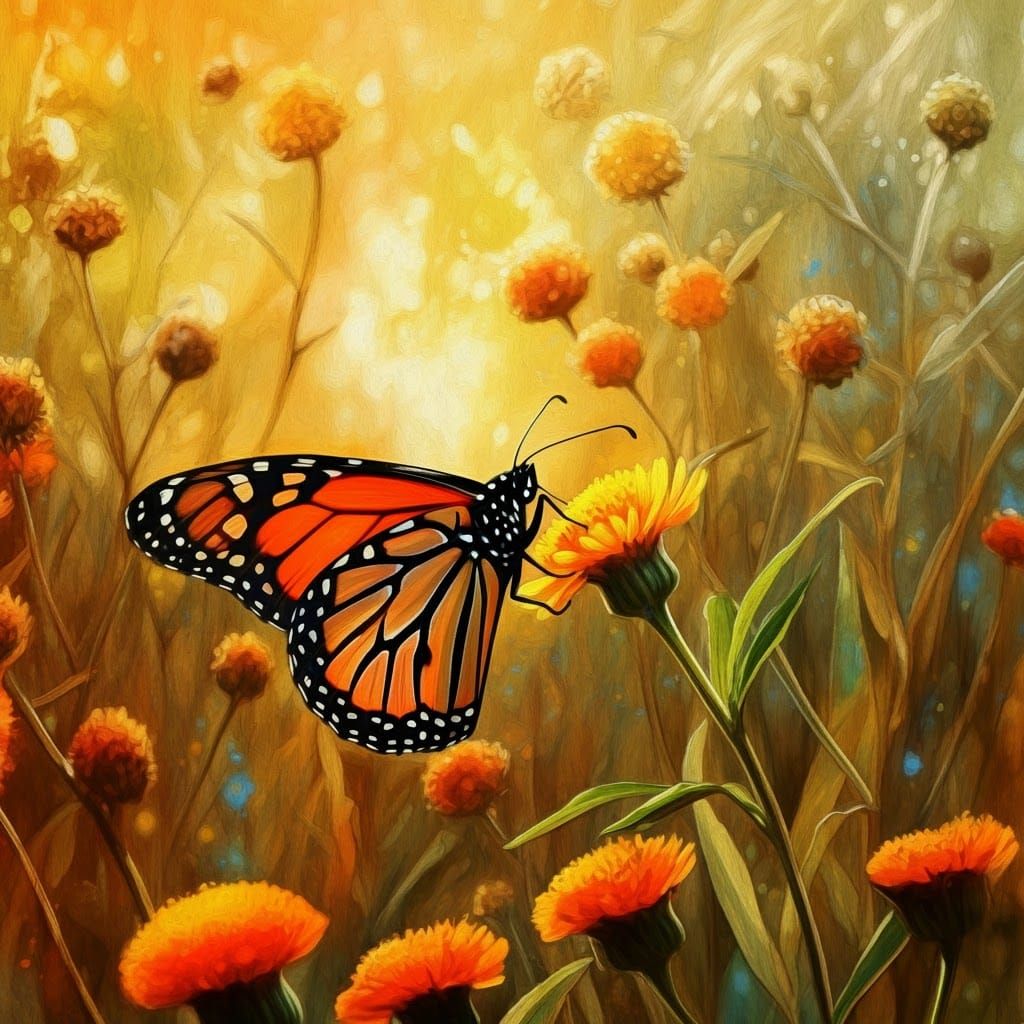 Monarch Butterfly Watercolor Painting with Floral Detail