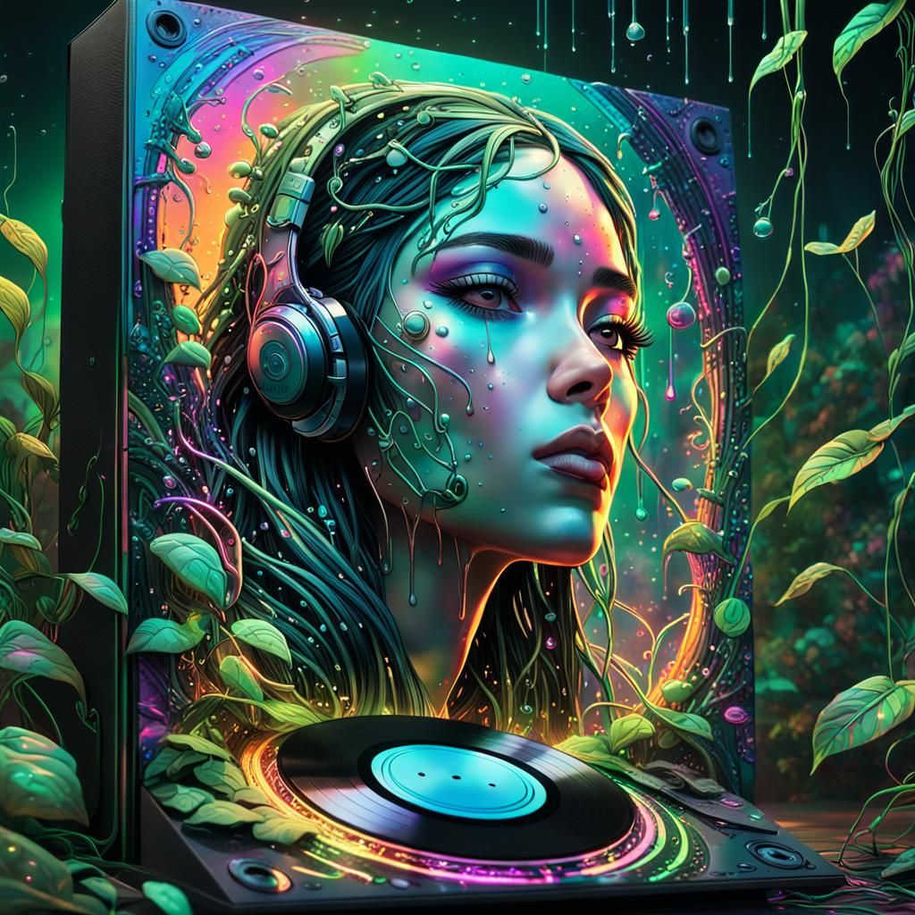 Cyberpunk Record Sleeve with Neon Vines