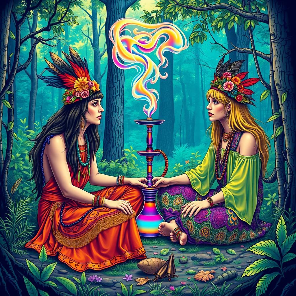 Psychedelic Hippies Share Hookah in Forest