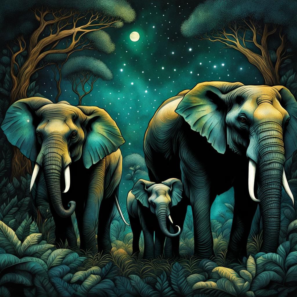 Elephants in Starry Jungle, Liquid Ink Watercolor