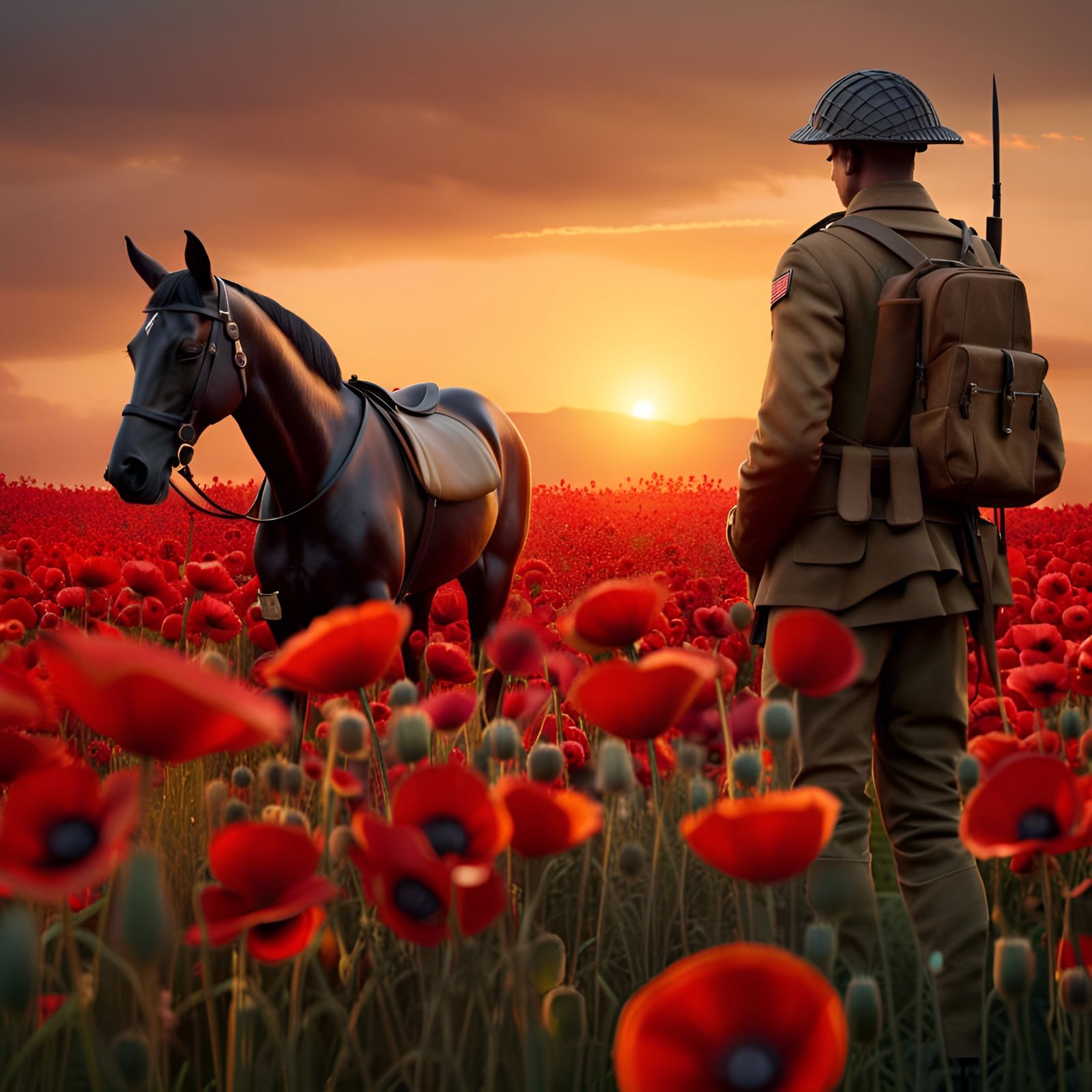 British Soldier and War Horse in Poppy Field