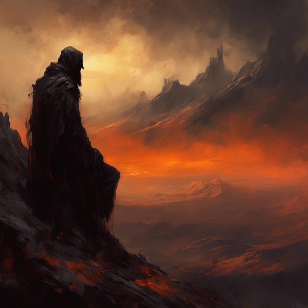 Mysterious Figure Gazing at Sunset: Oil Painting