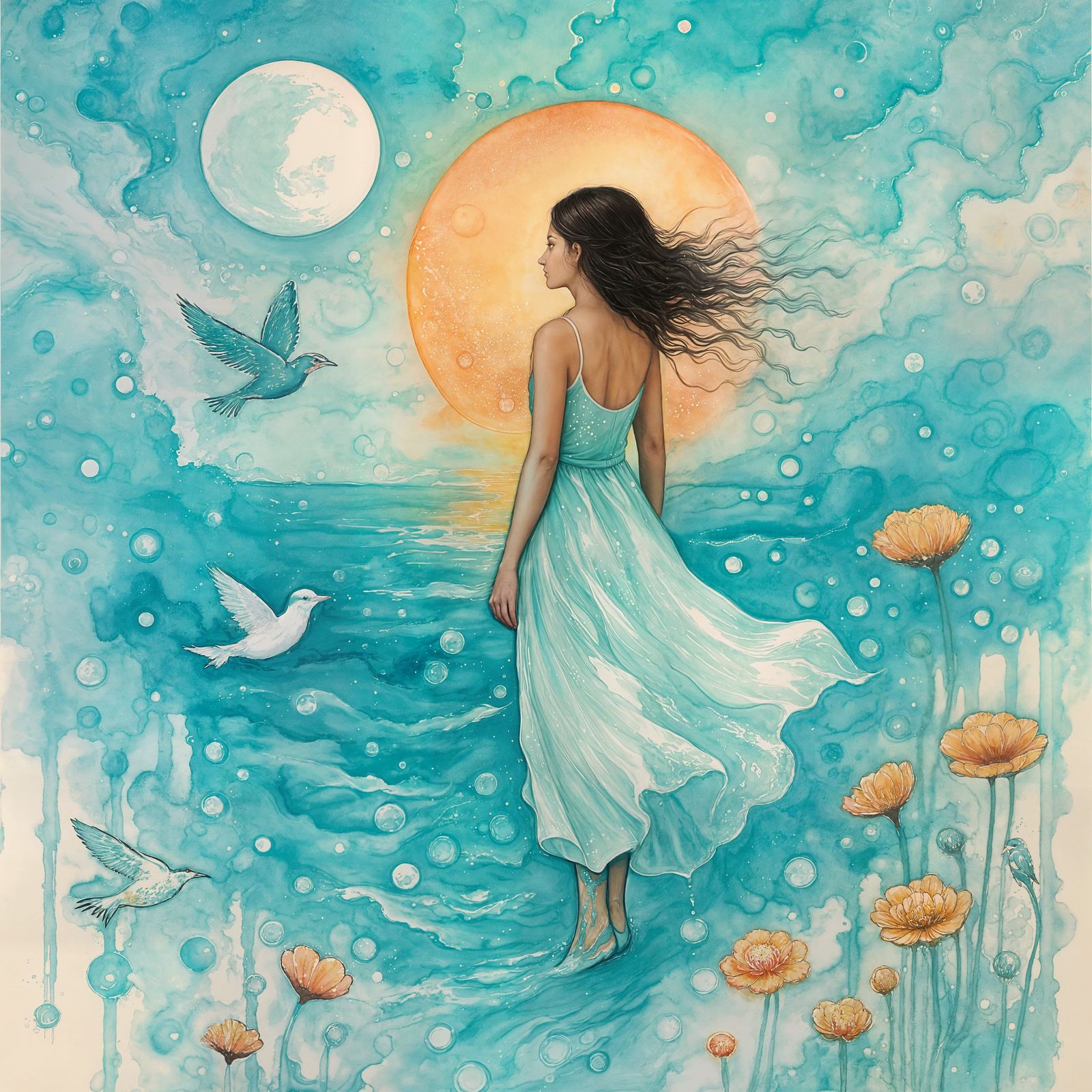 Turquoise Dreamscape: Watercolor Painting with Bubbles and F...