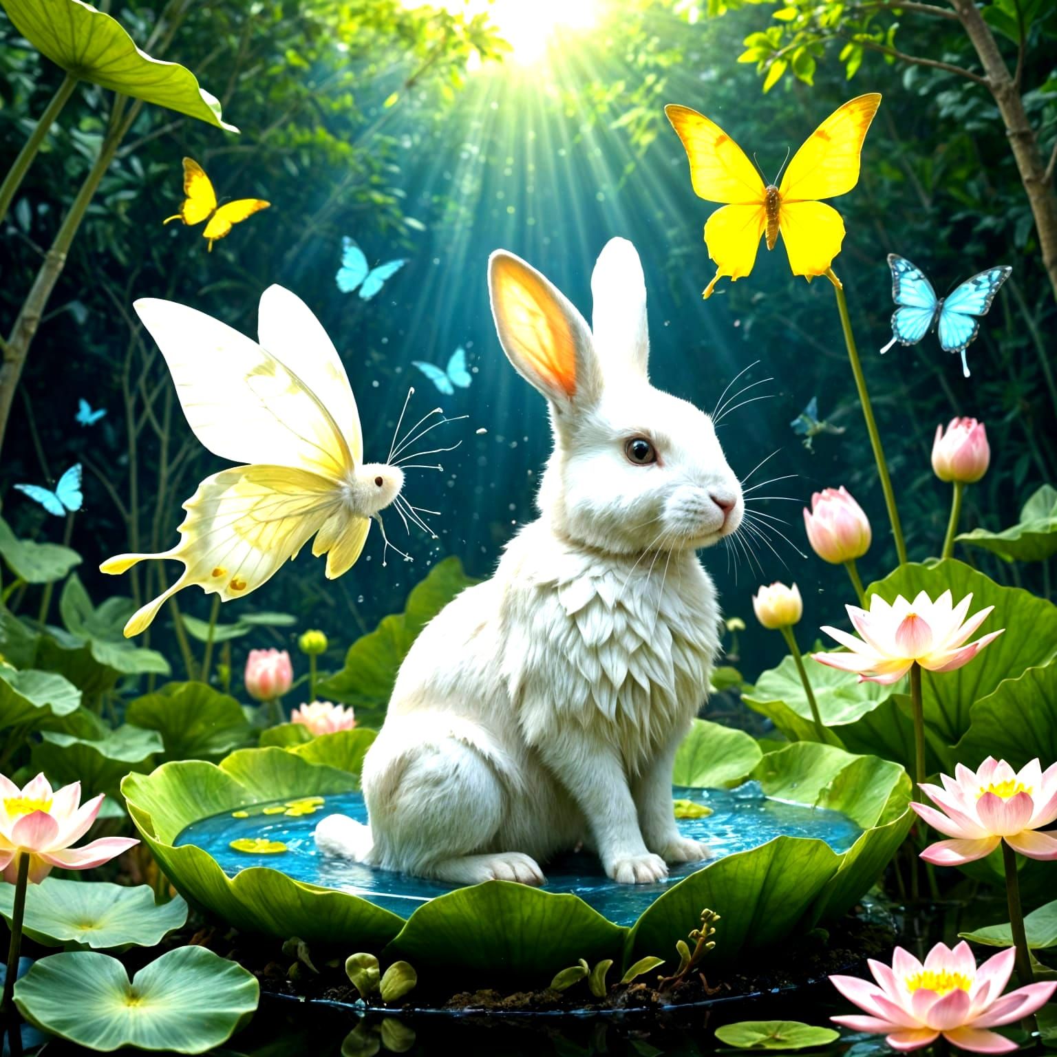 Lemon Hued Lotus Blooms with Delicate Fluffy Bunny and Spott...